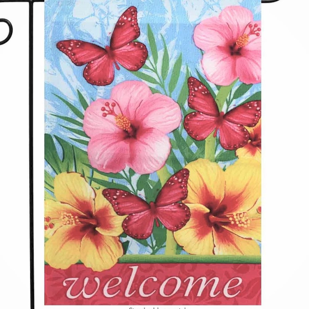 Garden Flag-NEW- Welcome Butterfly Spring Flowers - Picture 1 of 1